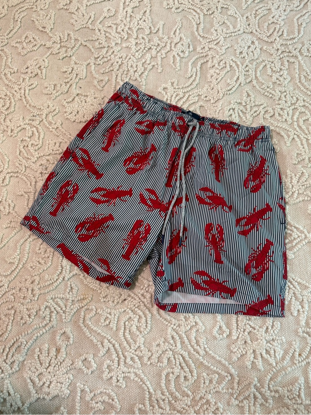 Red Navy & White Striped Swim Trunks with Red Lobster Print